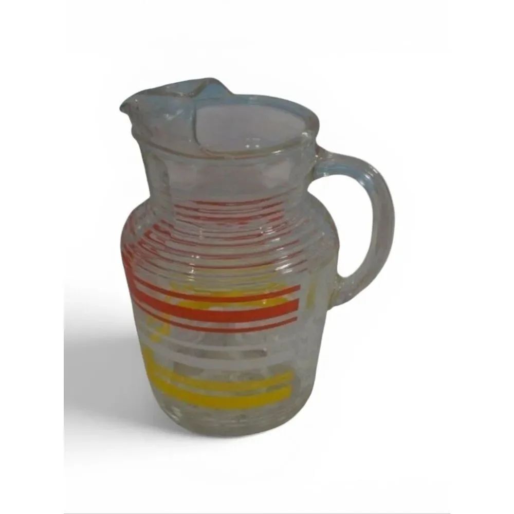 Hazel Atlas Clear Striped Glass Ice Water Pitcher Orange White Yellow Stripes